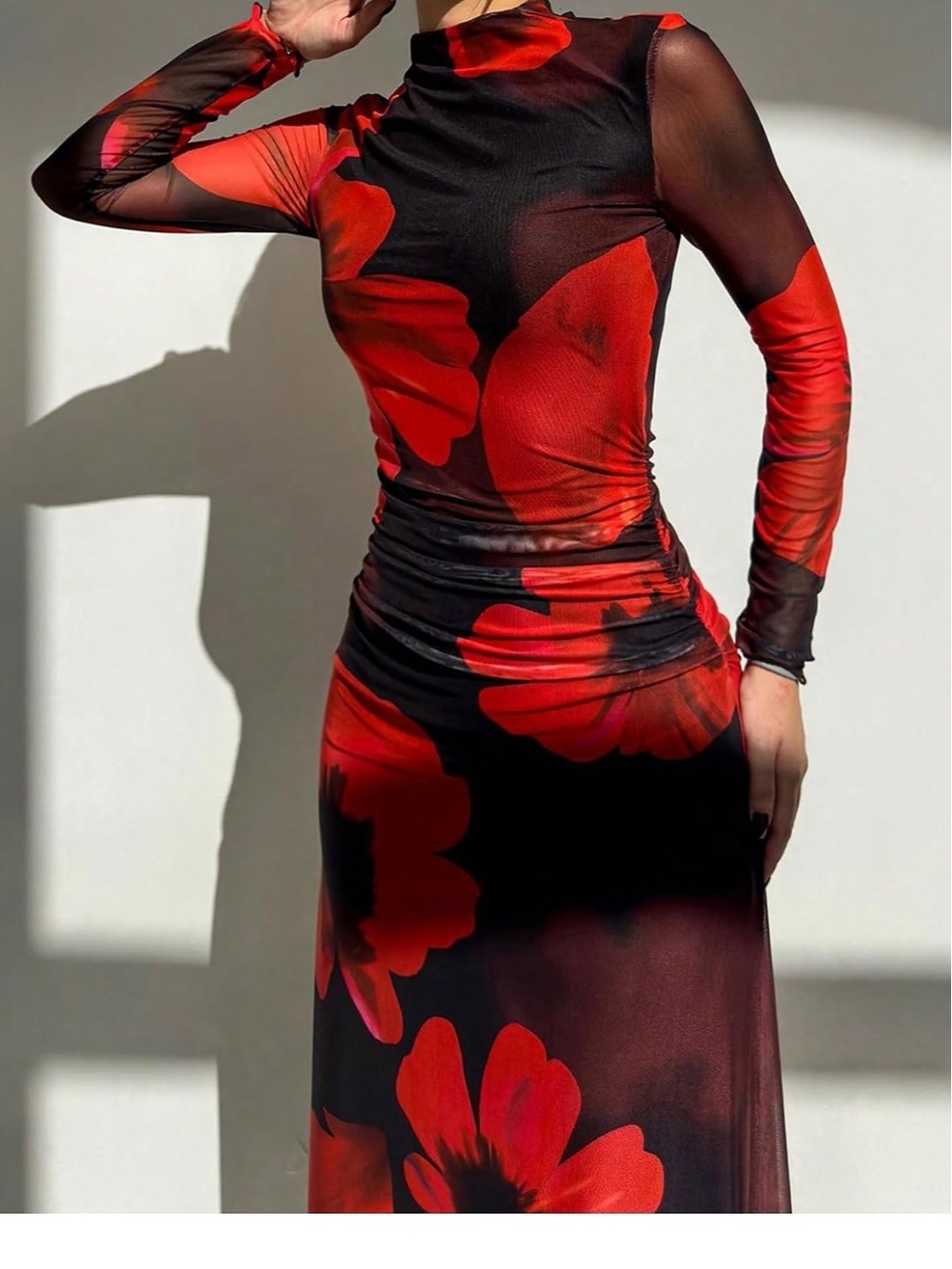 Red And Black Floral Mesh Long-Sleeve Dress